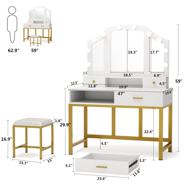 Mercer41 Hanchett 47'' Wide Vanity Set with Stool and Mirror & Reviews